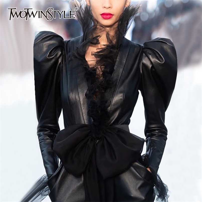 TWOTYLE Patchwork Mesh PU Leather Women's Jackets V Neck Puff Long Sleeve High Waist Slim Bow Coat Female Fashion 211109, Black
TWOTYLE Patchwork Mesh PU Leather Women's Jackets V Neck Puff Long Sleeve High Waist Slim Bow Coat Female Fashion 211109, Black