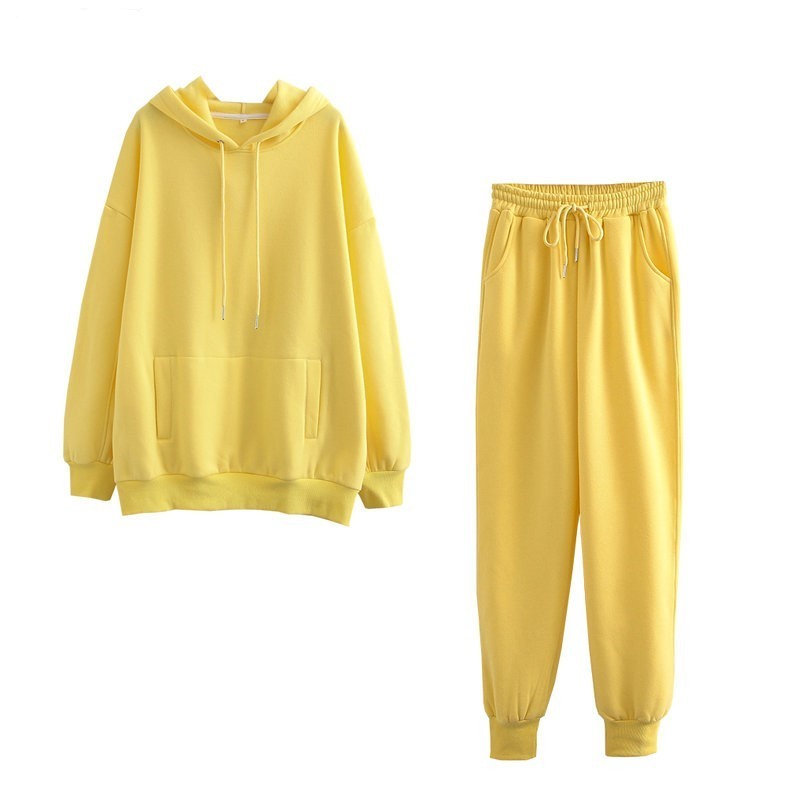 Hoodie 2 Pcs Set Women Sweatshirt Autumn Solid Oversized Set Casual Long Sleeve Fleece Tops Long Pants Tracksuit Suit Outfits 201217