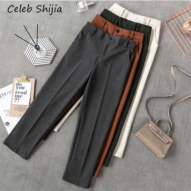 High Waist Woman Woolen pants Loose apricot gray business OL blazer suit female autumn winter 211115