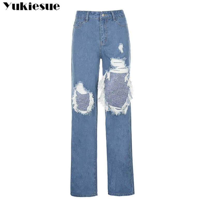 streetwear high waist women's fashion jeans woman ripped hole women wide leg pants trousers female jean femme denim bagge 210922