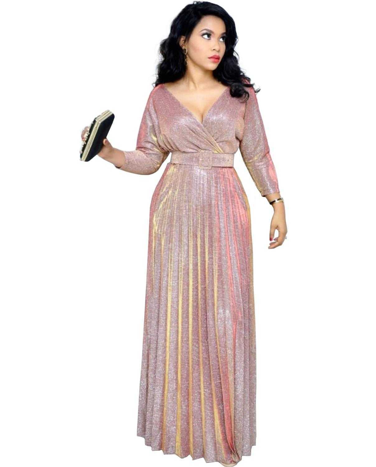 Reflective Long Dresses Women Party Night Sexy V Neck Elegant Belt Glitter Maxi Pink Pleated Dress Vestidos Robe Femme 210630
