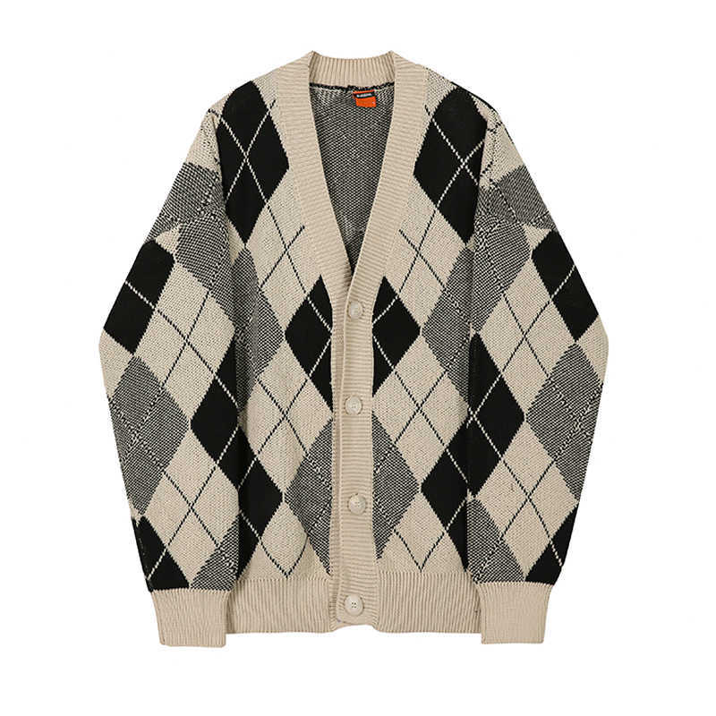 IEFB plaid kintted cardigan sweater men's Korean fashion spring autumn outerwear casual V-neck clothes vintage oversized 9Y4523 210818