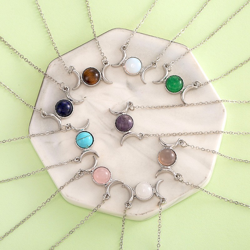 natural stone necklace sun moon turquoise pink Opal Healing Crystal pendant necklace for women jewelry
