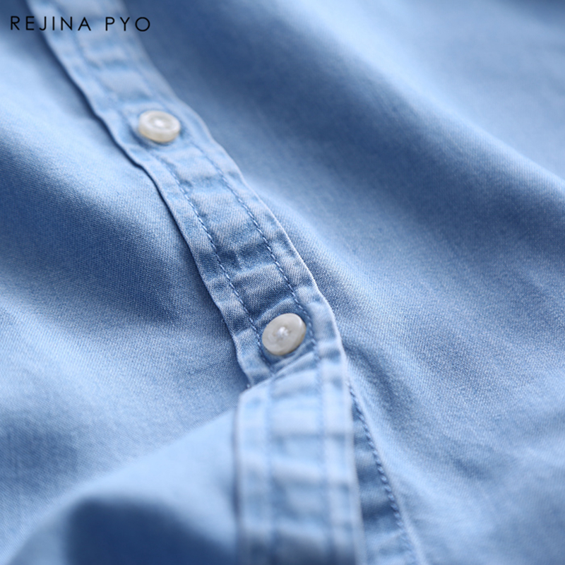 BIAORUINA Spring New Arrival Women Blue Cotton Denim Shirt Female Basic Solid Pockets Buttons Tops 210302