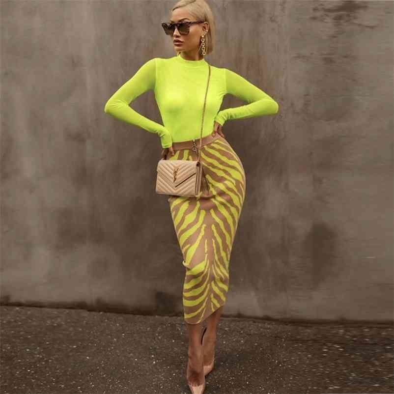 Ocstrade Arrival Fashion Long Bandage Skirt Women Lime Zebra Print Bodycon Midi Club Party 210621
