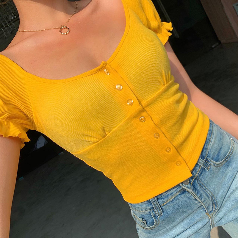 women t shirt summer ruffle sleeve slim crop tops casual elegant 2021 fashion T shirt button stratchy soft slim tee top, White
women t shirt summer ruffle sleeve slim crop tops casual elegant 2021 fashion T shirt button stratchy soft slim tee top, White