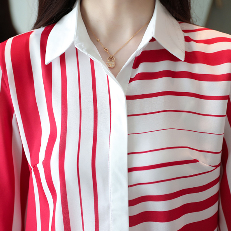 Femal Slim Shirts Striped Shirt Women Autumn New Korean Women Full Sleeve Shirts Turn-down Collar Chiffon Blouses 6108 50 210225