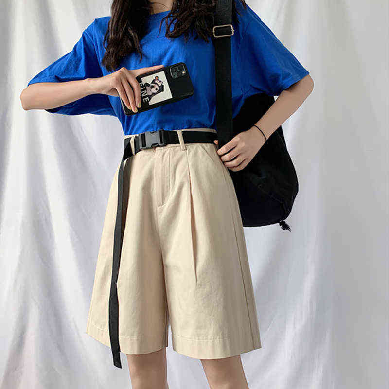 Seoulish Summer Women Casual Cargo Half Pants with Belted High Waist Chic Wide Leg Pant Elegant Loose Trousers Pocket 211115