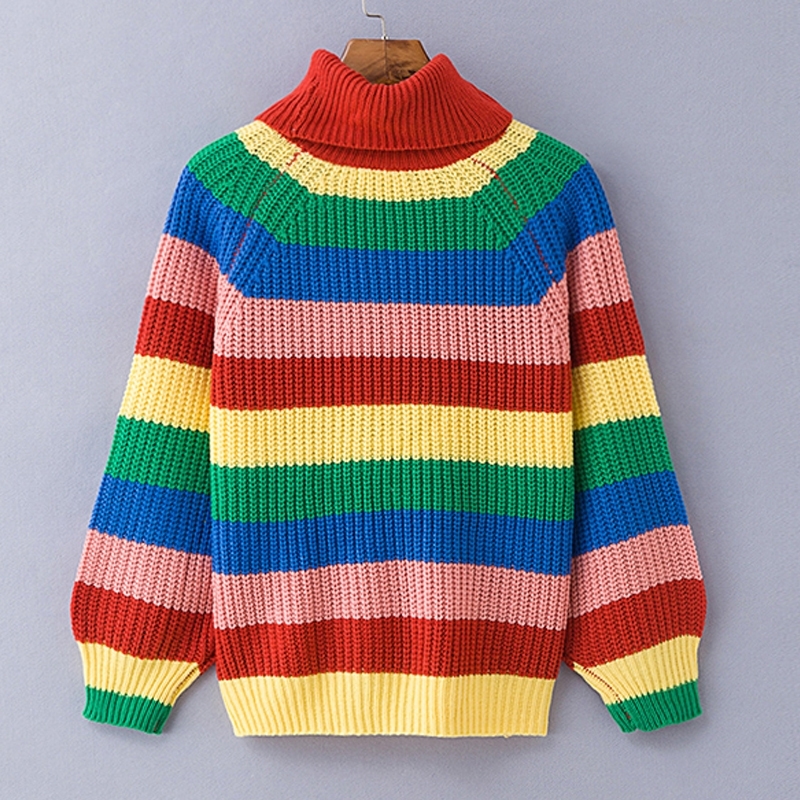 Simenual Rainbow turtleneck sweaters women winter jumpers knitted clothes fashion striped oversized pullover female sale T200101