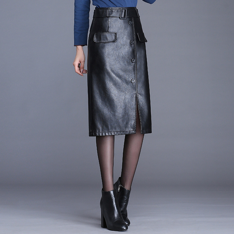 PU leather skirt women's long section new autumn and winter skirts high waist slim package hip skirt large size knee step skirt 210309