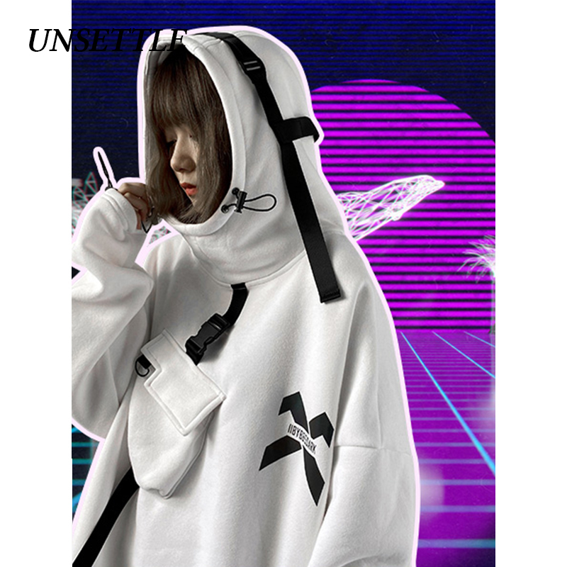 Autumn Japanese Laser Reflection Harajuku Pocket Hip Hop Vintage Streetwear Sweatshirts Aesthetic Oversized Hoodie Women Tops 201204