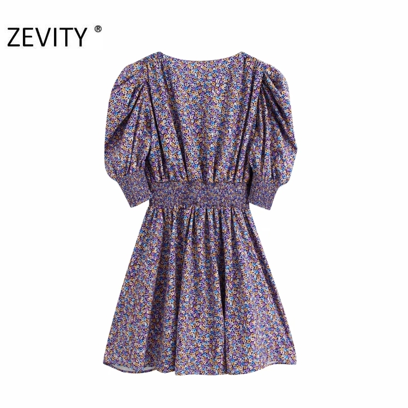 ZEVIT New Women Vintage Pleats Puff Sleeve Floral Print elastic waist mini dress Ladies Deep V Neck padded casual Dresses DS4249 210309