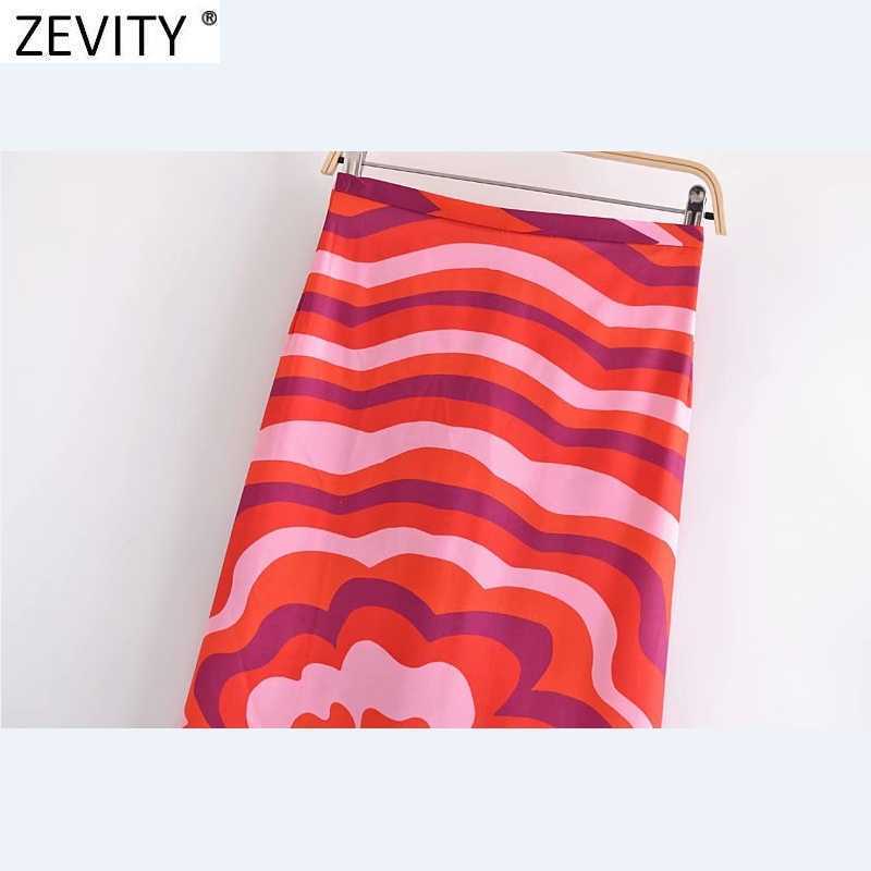 Zevity Women Vintage Striped Floral Print Casual A Line Midi Skirt Faldas Mujer Female Chic Back Zipper Split Vestido QUN777 210603