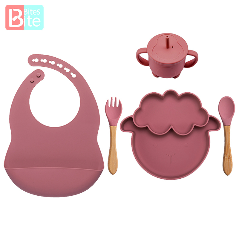 5PCS Baby Feeding Bowl Set Sheep Shaped Food Grade Silicone Plate Suction Bowl baby Feeding BPA Free Infant Waterproof Tableware 210226