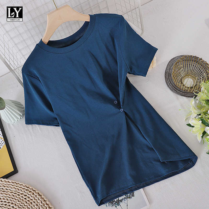 LY VAREY LIN Summer Women Fashion Solid Color Irregular White Tops Casual O-neck Three Buckles Short Sleeve T-shirts 210526
LY VAREY LIN Summer Women Fashion Solid Color Irregular White Tops Casual O-neck Three Buckles Short Sleeve T-shirts 210526