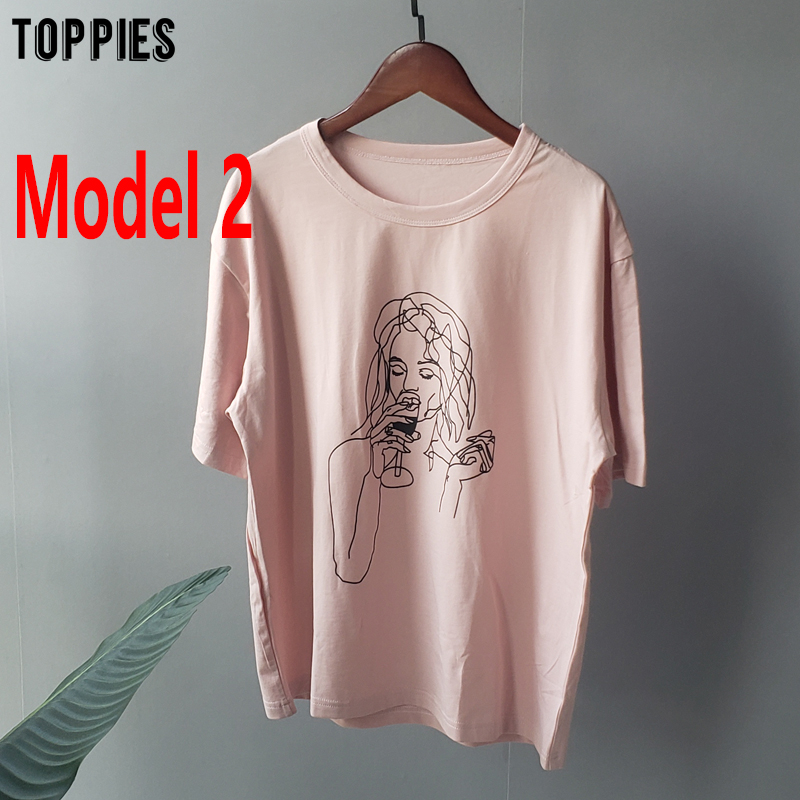 toppies summer t-shirts character printing tops tees solid color white t-shirts women drinking girls tops 210306