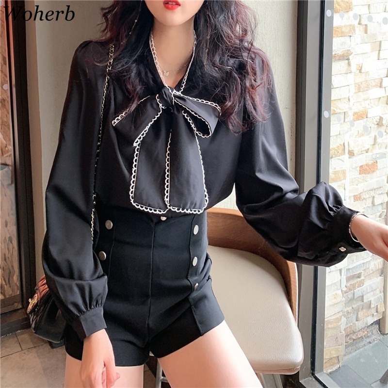 Woherb Women Long Sleeve Shirts White Blouses Vintage Korean Spring Sweet Bow Loose Ladies Blouse Office Lady Sweet 92066 220407