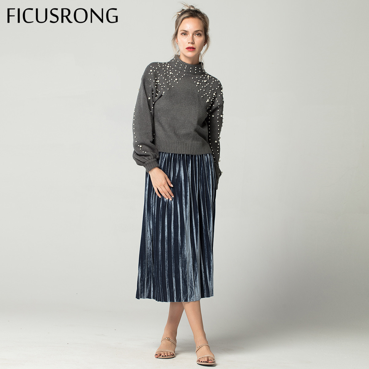 New 7 Colors Autumn Winter High Waisted Skinny Female Velvet Skirt Pleated Skirts Elegant Plus Size Women Skirt FICUSRONG 210309