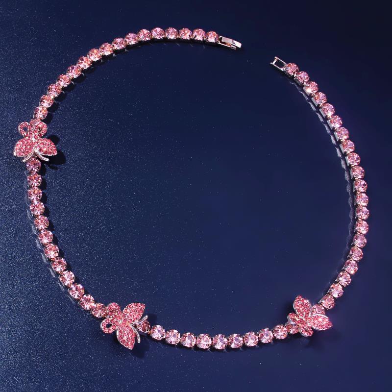 Iced Out Tennis Chains Butterfly Necklaces 6mm Bling Rhinestone Hip Hop Jewelry Silver Gold Pink Fashion Women Animal Collar Necklace Gifts