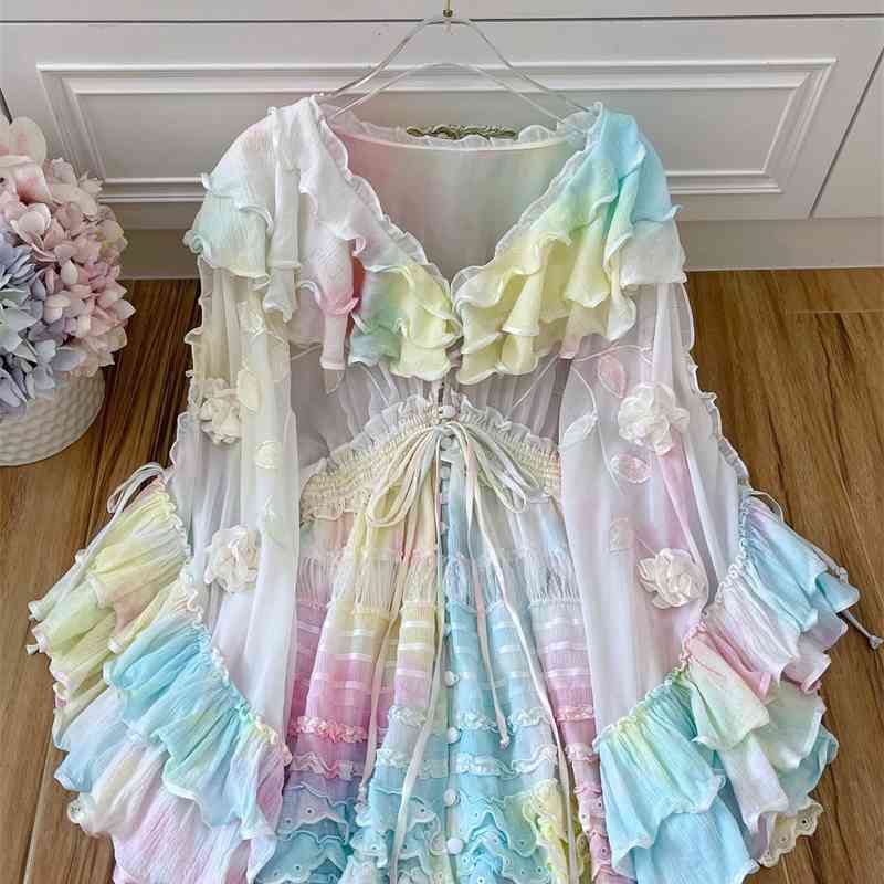 Truevoker Lady Runway Fashion Luxury Prom Dres Flare Sleeve Gradient Multicolor Ruffle Appliques Cottagecor Resort Robe 210602, Multi 
Truevoker Lady Runway Fashion Luxury Prom Dres Flare Sleeve Gradient Multicolor Ruffle Appliques Cottagecor Resort Robe 210602, Multi