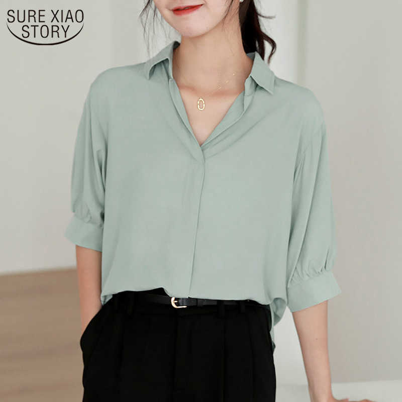 Blusas Plus Size V-neck Chiffon Shirt Summer Short Sleeve Women Casual Loose Women Blouse Solid Pullover Clothing 10183 210527, Green 
Blusas Plus Size V-neck Chiffon Shirt Summer Short Sleeve Women Casual Loose Women Blouse Solid Pullover Clothing 10183 210527, Green
