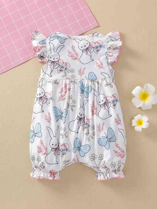 Baby Girl Cartoon Rabbit And Floral Print Romper SHE