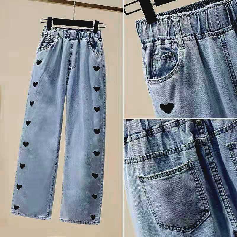 Love Embroidered Jeans Women Harajuku Street Summer Punk High Waist All-match Pant Trend Straight Wide Leg Loose Lovelly Trouser 210526