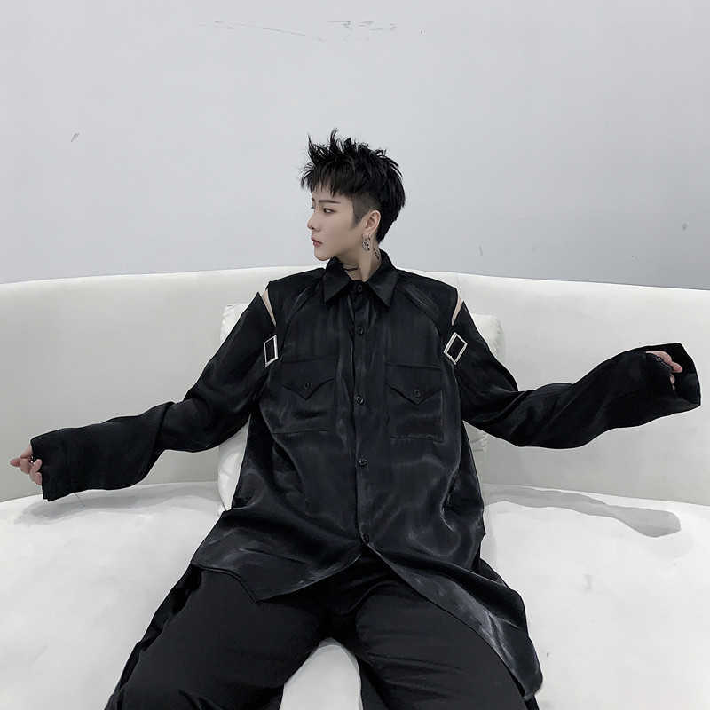 IEFB /men's wear Niche hollow strapless polarized shirt mercerized glitter loose high street Spring tops 9Y1470 210721