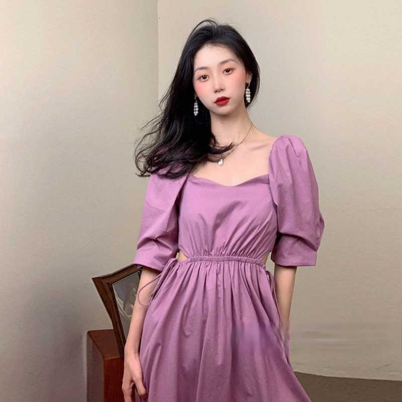 Korean Drawstring Hollow-out Slim Waist Woman Dress Puff Sleeve Square Collar Causal Elegant Vestido 6H740 210603