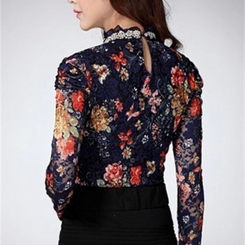 Dingaozlz Women's Lace shirt female Lace Blouses longsleeve Hollow Floral Lace Tops Slim Elegant Beaded Gauze Chiffon shirts T200322