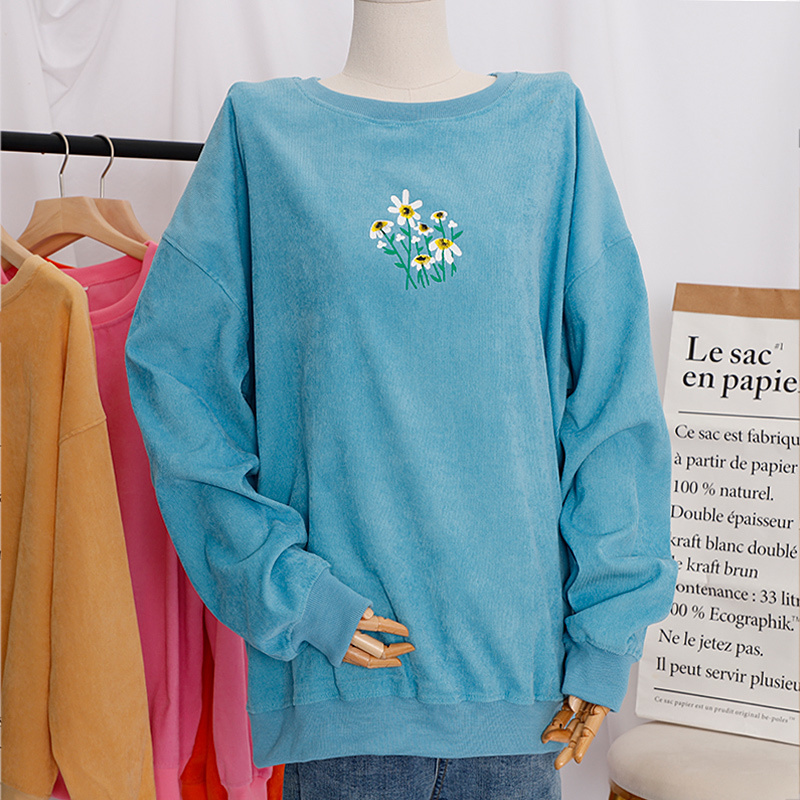 Autumn Printed Long Sleeve Sweatshirt Women Ribbed O-Neck Candy Colors Female Basic Sweatshirts Vintage Loose Lady Pullover LJ201103