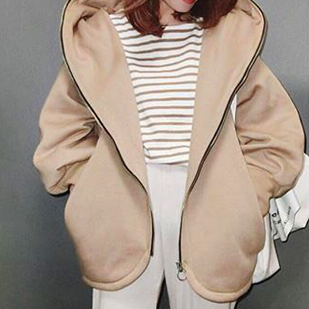 Spring Casual Women Harajuku Hoodies Sweatshirt Coat Zip Up Outerwear Hooded Jacket Plus Size Outwear Tops Simple Brown 201216