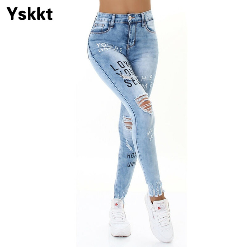 Jeans Woman High Waisted Straight Skinny Stretchy Pant Streetwear Women Letter Print Hole Washed Denim Pencil Pants Trousers 210222