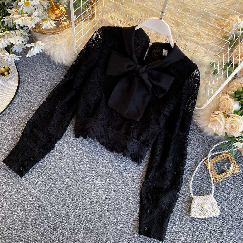 Women Sweet Butterfly Kno Short Cut-out Lace Shirt Tops Lady Long Sleeve White Black Elegant Blouse L153 210527