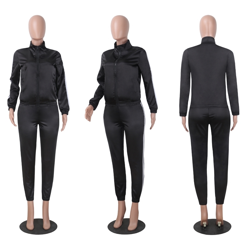 Satin Two Piece Set Tracksuit For Women Elegant striped Top And Pants Set Spring Womens Casual Sweat Suits Outfits clothing T200706