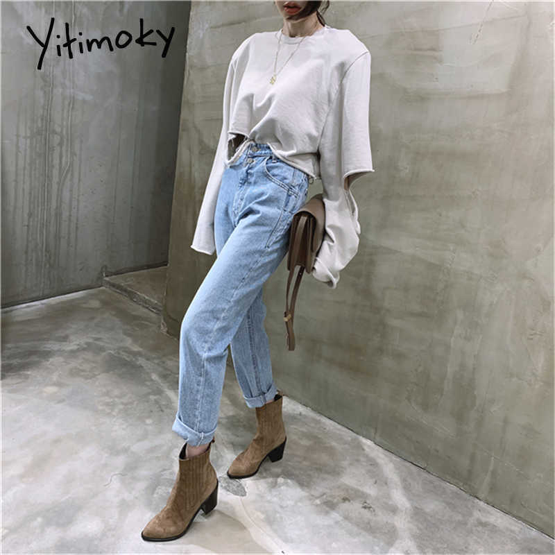 Yitimoky High Waisted Jeans For Women Straight Demin Pants Vintage Streetwear Female Buttons Ladies Spring Fashion Tassel 210922