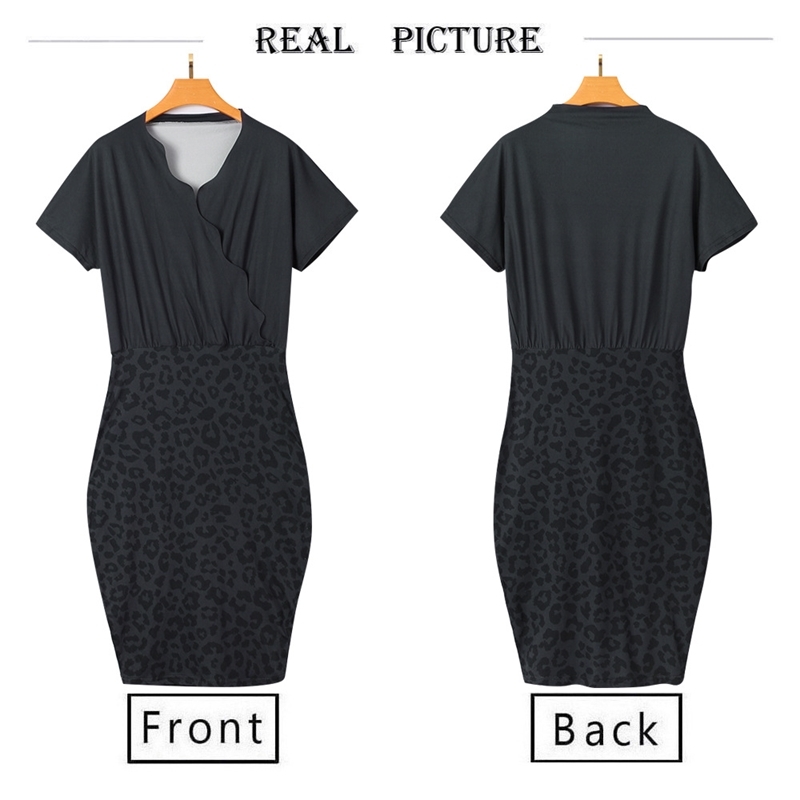 Women Summer Pencil Dress Elegant Ruffle V-Neck Short Sleeve Elastic Waist Leopard Print Slim Package Hips Party Vestidos 210526