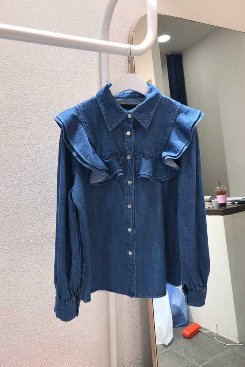 Spring Fashion Turn Down Collar Buckle Wood Ear Full Women Denim Shirts 210615Z