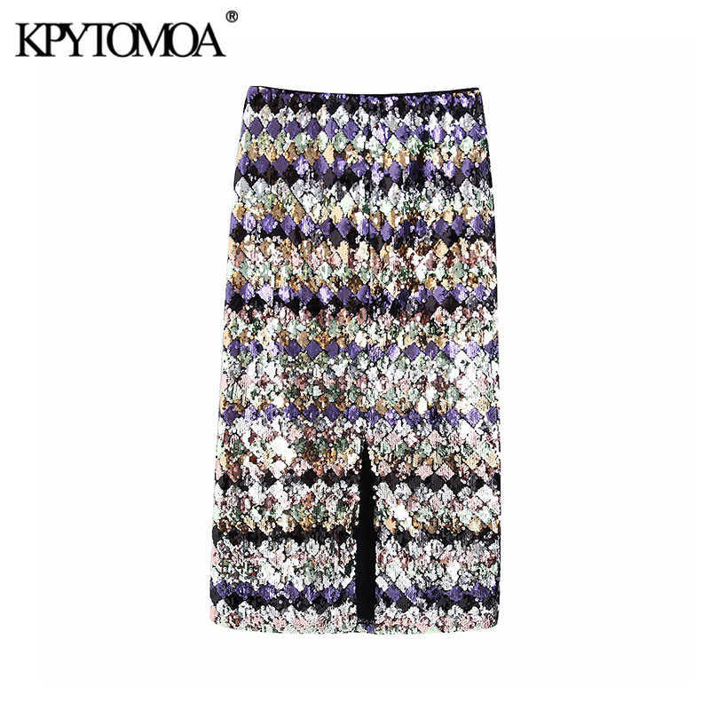 Vintage Sexy Sequin Midi Skirt Women Fashion High Waist Side Zipper Back Vents Female Skirts Casual Faldas Mujer 210306