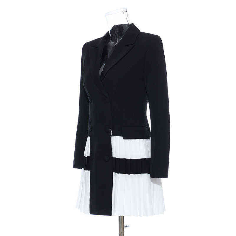 [EAM] Women Black Contrast Color Pleated Blazer Lapel Long Sleeve Loose Fit Jacket Fashion Spring Autumn 1T306 211104