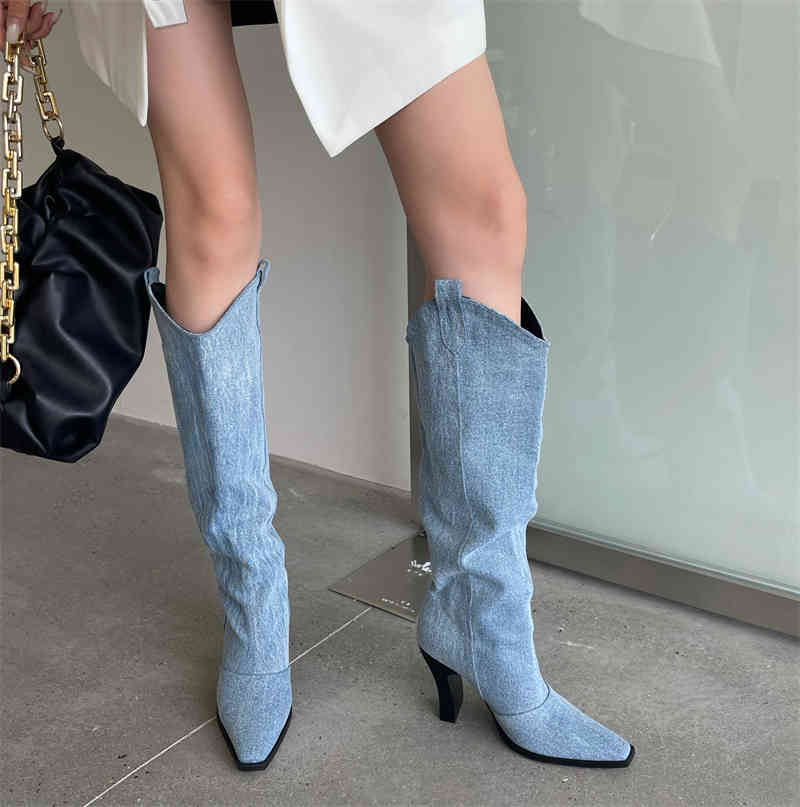 boots slip on high heels blue denim cowboy western women brand design square toe long knee yivo, Black
boots slip on high heels blue denim cowboy western women brand design square toe long knee yivo, Black