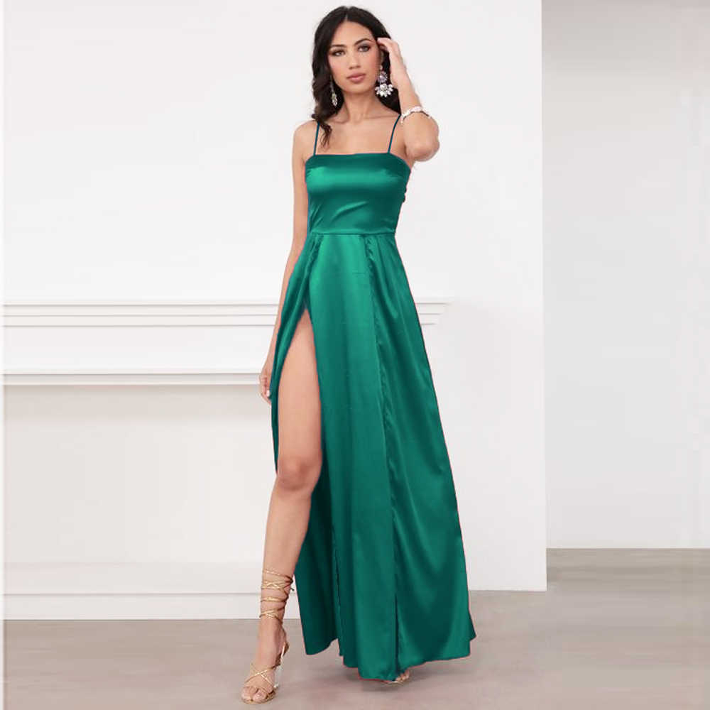 Sexy Summer Long Satin Dress BOW Straps Lace Up 2 Slits Green Blue Red 210623