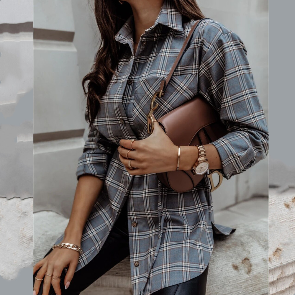Women's Shirt Oversized Autumn Plaid Cotton Blends Long Sleeve Female Shirts Top Loose Single Breasted Plus Size Women Blouse 210225