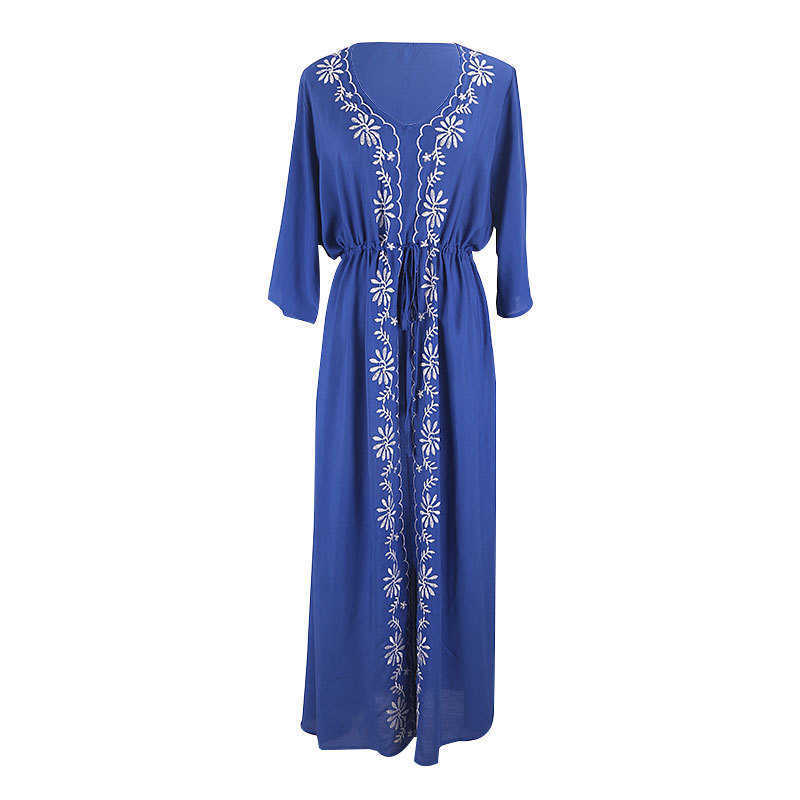 Embroidery V-neck Drawstring Tunic Beachwear Ankle-length Robe Summer Loose Slim Fit Swimming Suit Cover Ups for Women 210604