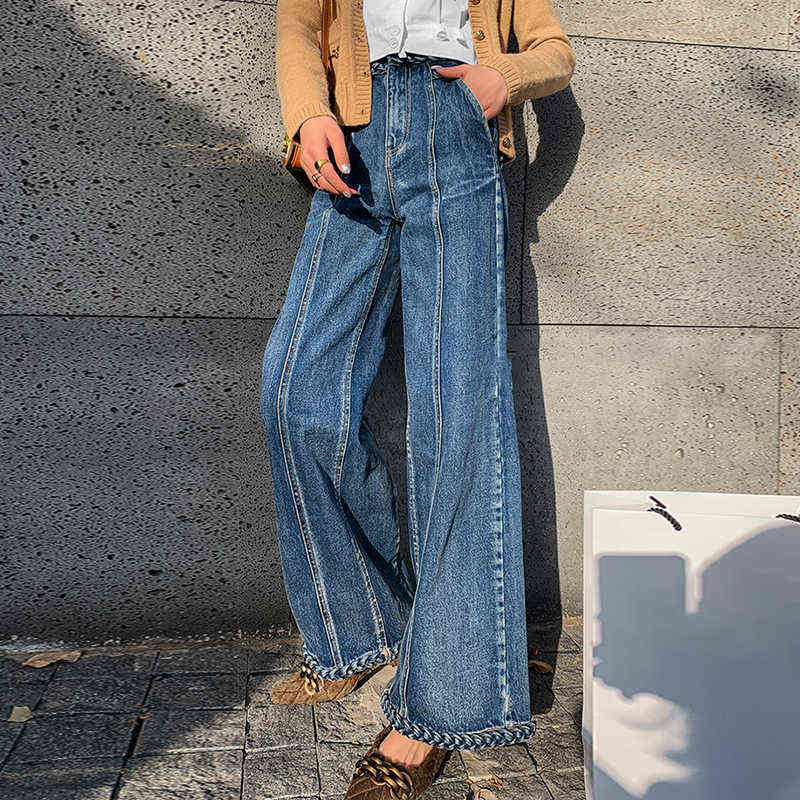 TWOTWINSTYLE Casual Blue Denim Trousers For Women High Waist Loose Straight Full Length Jeans Female Summer Fashion Clothes 211129