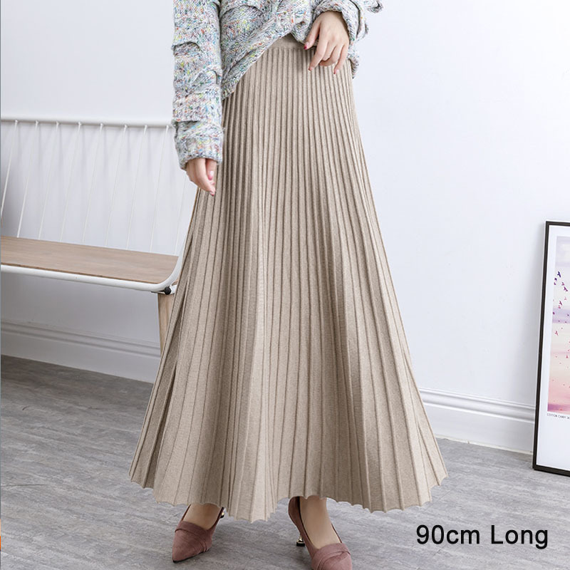SETWIGG Womens Autumn Draped Rib Pleated Long Knitted Skirt Elegant Winter Wool Blend Aline Long Knit Skirt Elastic Waist 210306