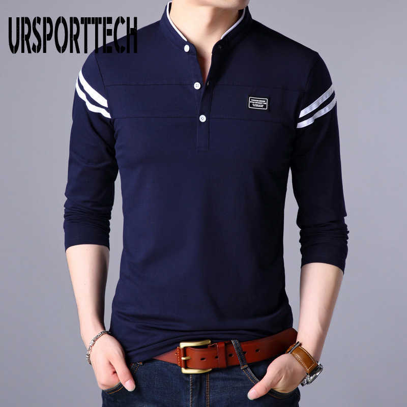 URSPORTTECH T Shirt Men Long Sleeve Spring Autumn Solid Tshirt Men's Clothing Mandarin Collar T-Shirts Tops Polo T Shirt for Men 210528