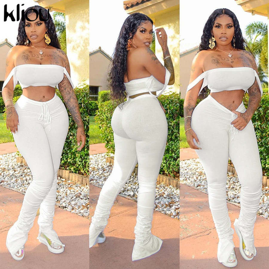 Kliou tracksuit women fitness slash nec camisole crop topstacked pants elastic hight summer activewear casual outfit 210302