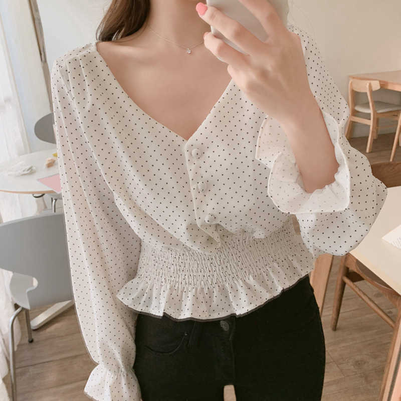 Vintage V-neck Flare Sleeve Polka Dot Women Blouse Shirts Elegant Front Buttons Slim Waist Ruffles Female Blouse blusas T191218