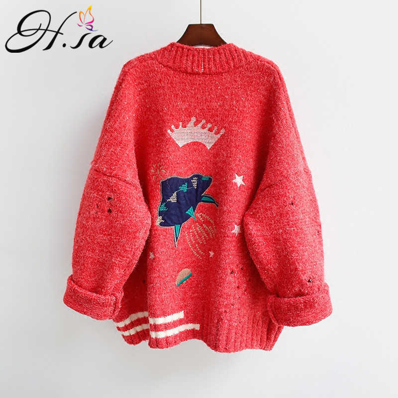 HSA Autumn Winter Women Sweater Cardigans Cartoon Embroidery Cardigans Poncho Single Breasted Knit Sweater Harajuku Out Top 210716